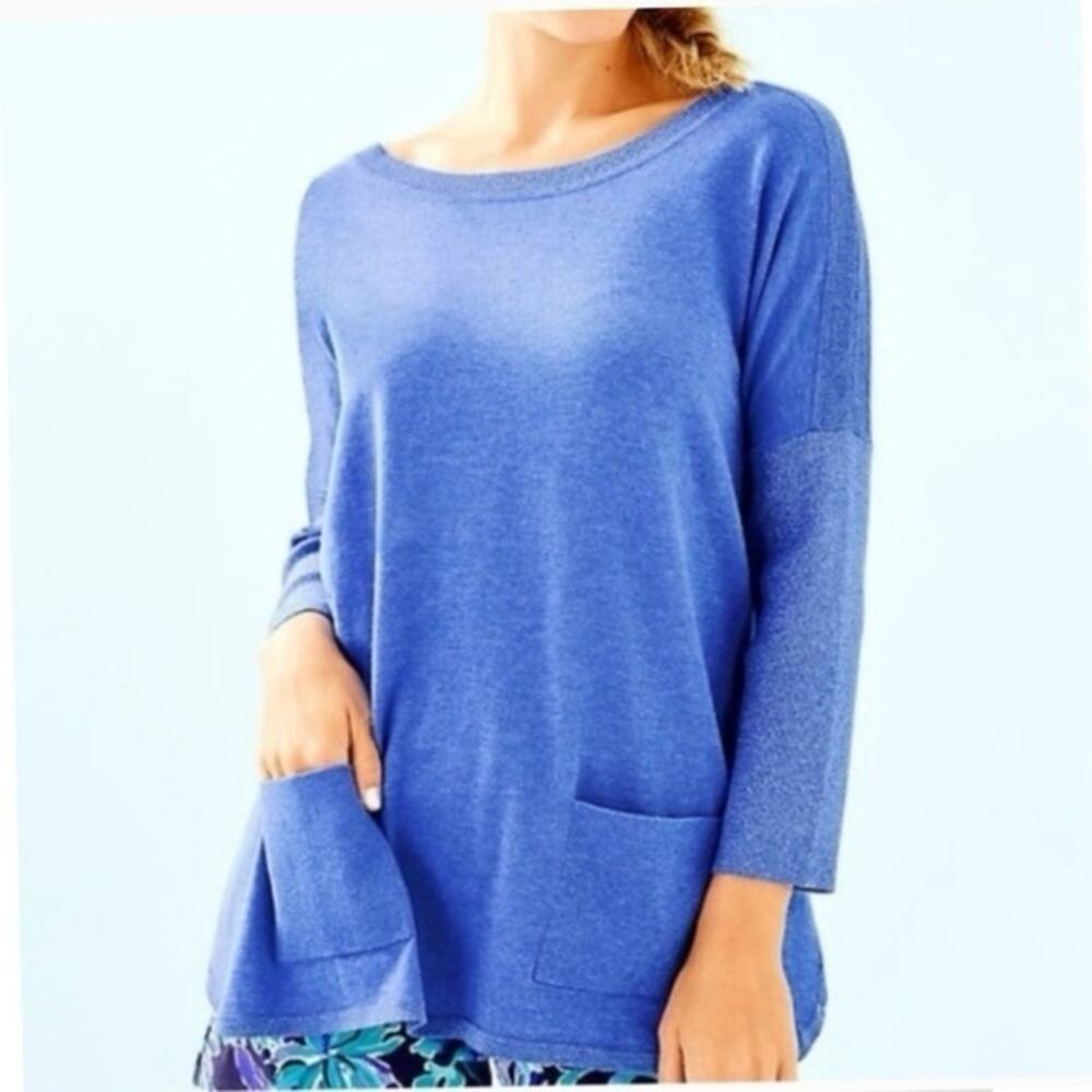 Lilly Pulitzer Elba Sweater Iris Blue Metallic Oversized Resortwear Coastal M